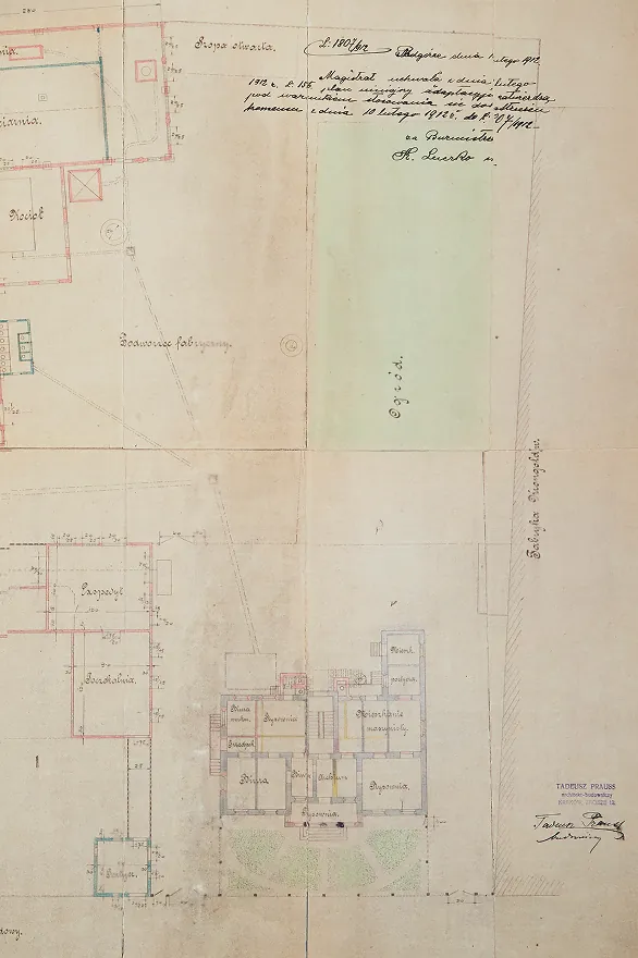 Fragment „Planu Fabryki J.Góreckiego w Zabłociu-Podgórze” z detalem projektu willi z ogrodem (1912), ANK (29/1410/0/2.1/6394)